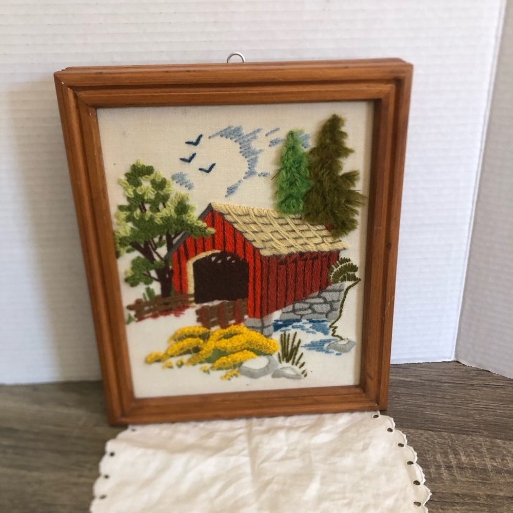 Vtg MCM Framed Bridge Embroidery
